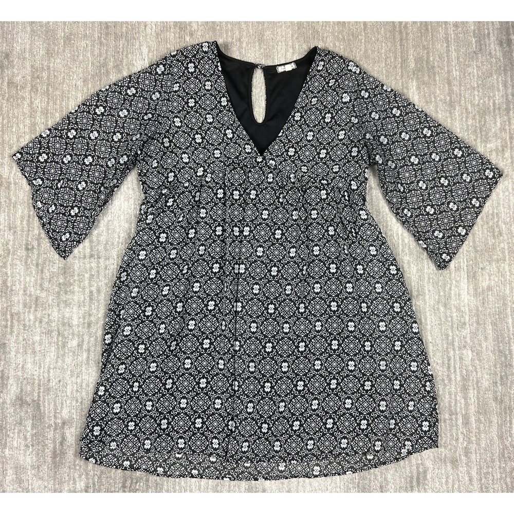 Eyeshadow Dress Women L Black White Geometric Floral Boho Bell Sleeve Mini Dress